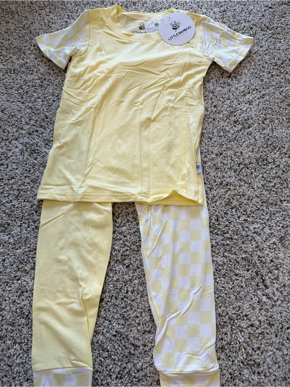 Yellow Check Short-Sleeve Kids Bamboo Pajama Set - Soft Yellow